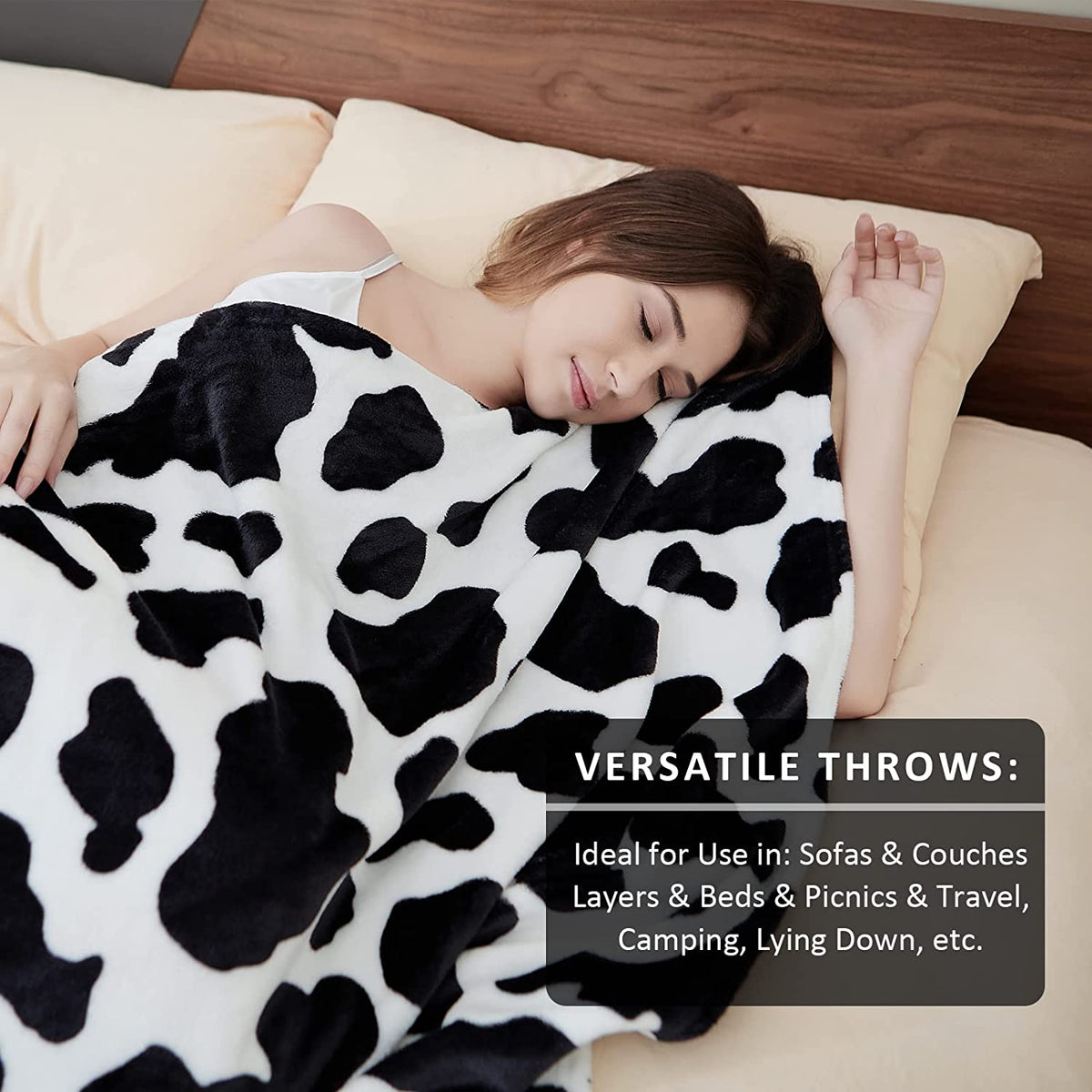 Fleece Cow Print Blanket Black and White, Small Bed Cow Warm Blankets Plush, Bedroom Decor
