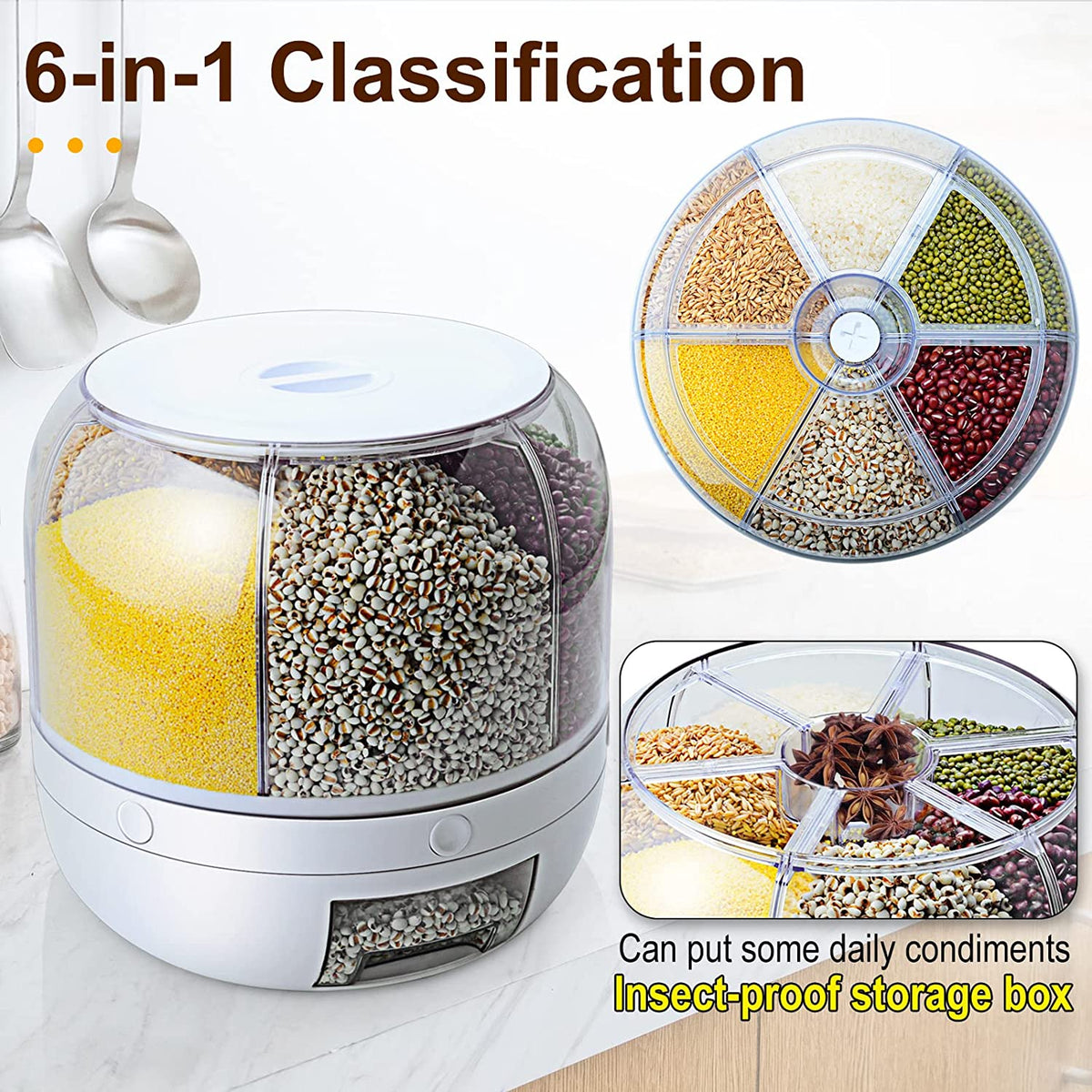 Rice Dispenser, 6-Grid 12lbs Rotating Grain Dispenser, One-Click Output Round Rice Container, WOWFUNNY Food Dispenser Kitchen Organization for Rice, Beans, Grains, Small Dry Food